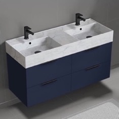 Double Floating Bathroom Vanity, Modern, Blue, 48 inch, Marble Style Sink